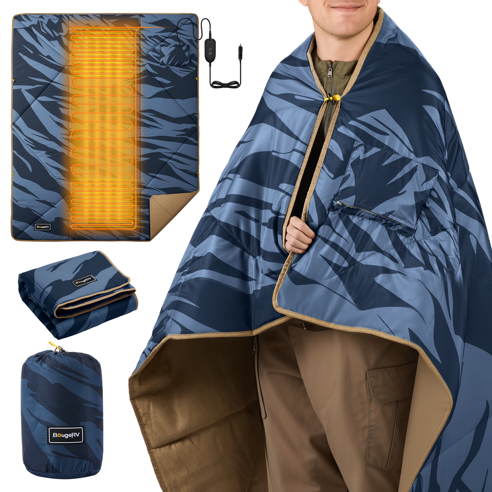 BougeRV 12V電気毛布│コンパクト・軽量・20時間連続使用可能 (ブルー