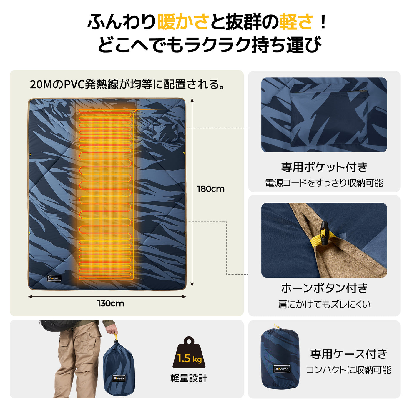BougeRV 12V電気毛布│コンパクト・軽量・20時間連続使用可能 (ブルー)