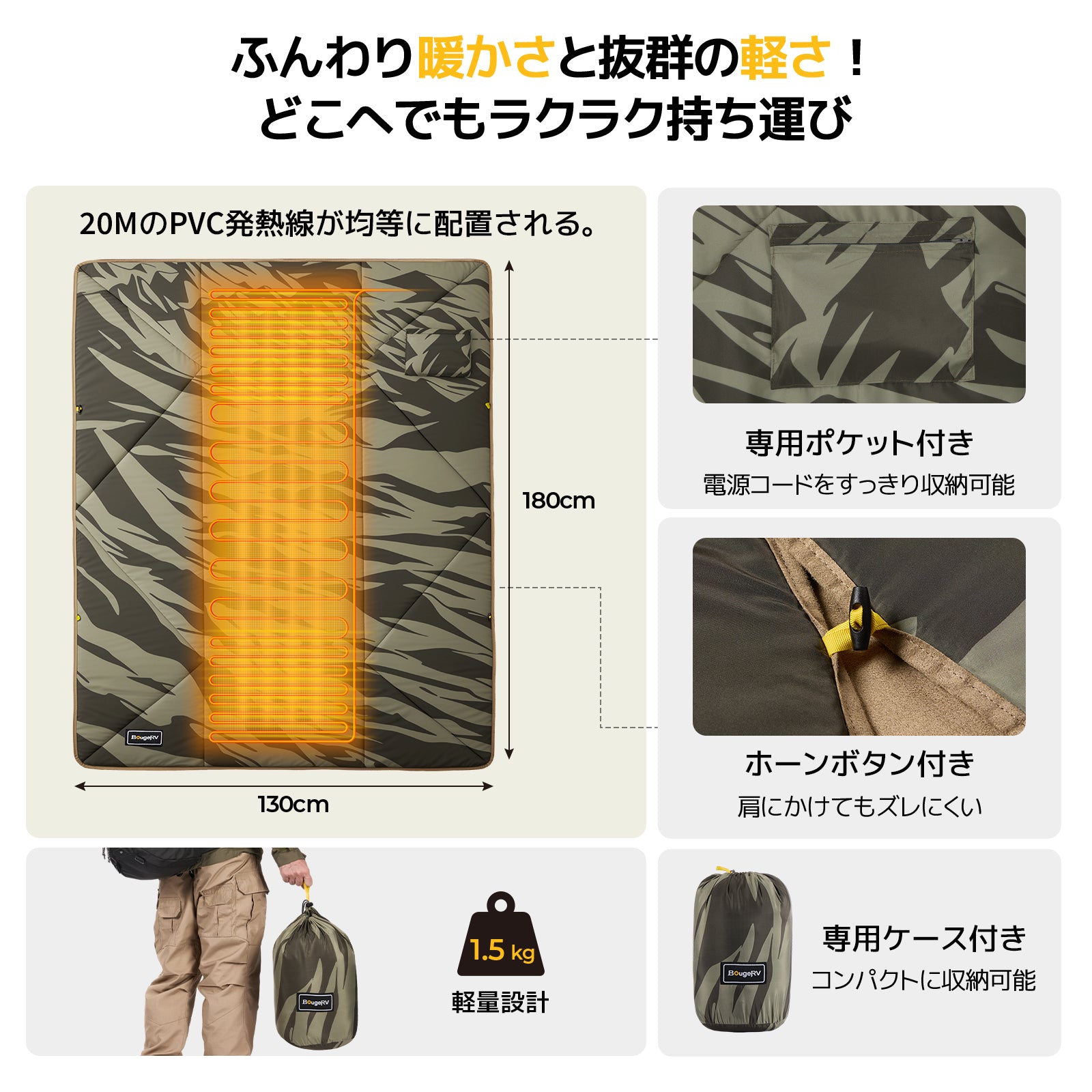 BougeRV 12V電気毛布│コンパクト・軽量・20時間連続使用可能