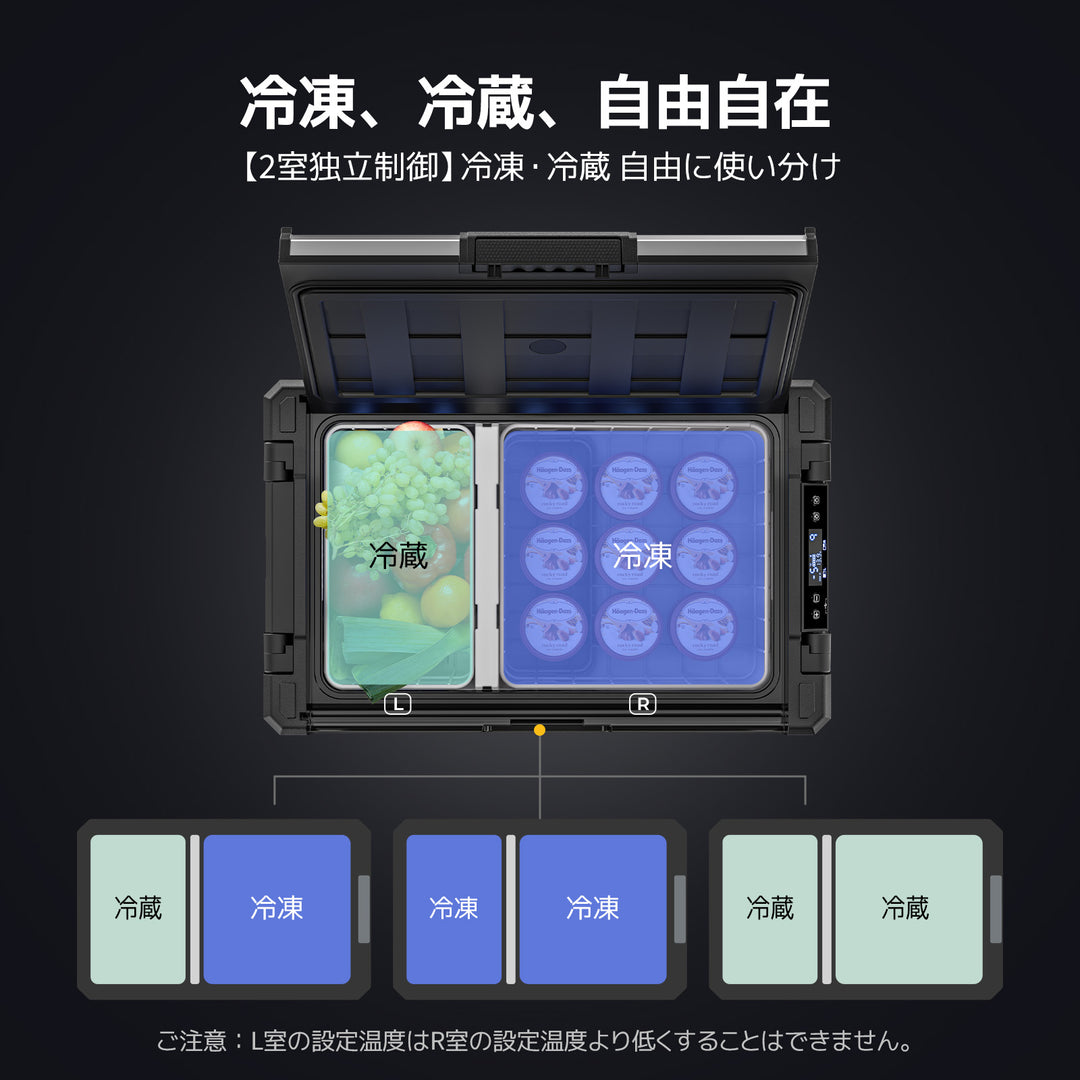BougeRV Rocky2ポータブル冷蔵庫│2室独立制御・LG高性能コンプレッサー採用 52L